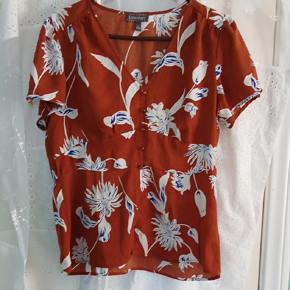 Luxology Rust Floral Blouse Size L.
